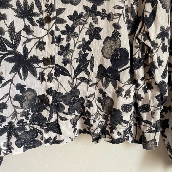FLAX 100% Linen Classic Floral Button Down Blouse SZ 1X Lagenlook Black & White - Picture 6 of 10